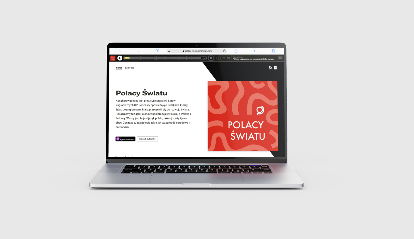 Mockup laptopa prezentujący stronę internetową podcastu Polacy Światu